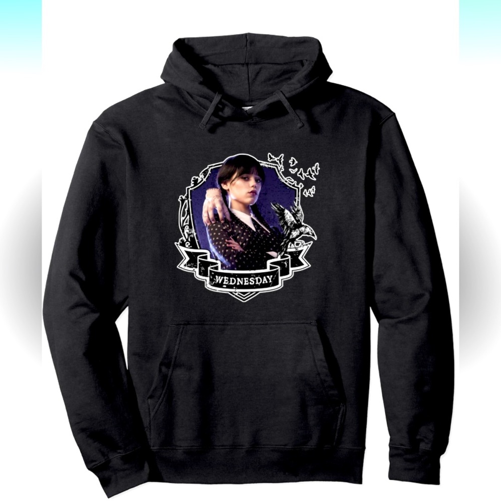 Wednesday Nevermore Frame Pullover Hoodie with kangaroo pouch